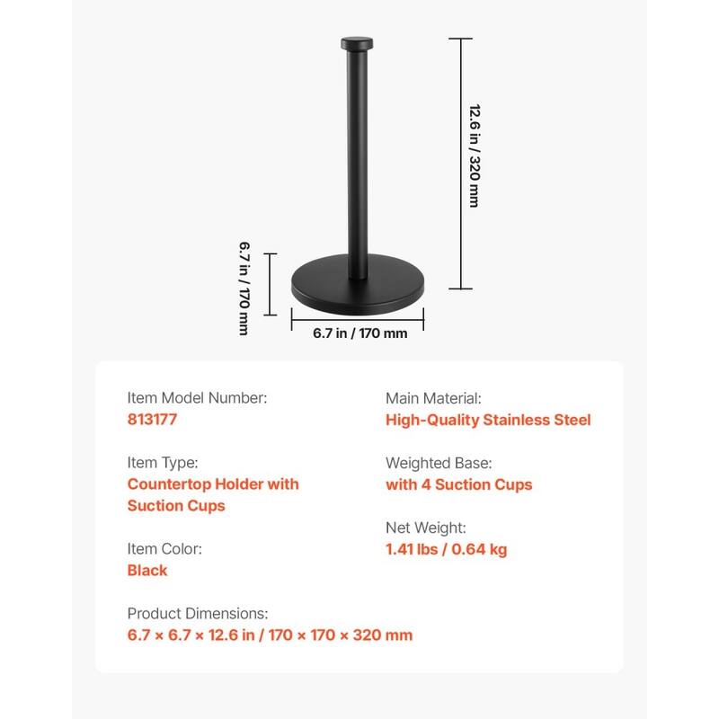 Black Stainless Steel Paper Towel Holder for Countertop with Suction Cups and Weighted Base - 6.7” x 6.7” x 12.6”