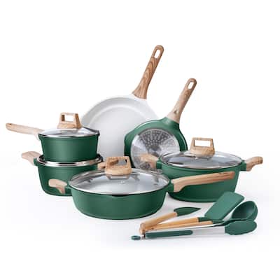 Country Kitchen 14 Piece Kitchen Cookware Set, Nonstick Cast Aluminum with Utensils, Sage