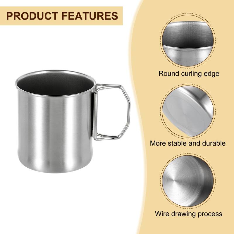 304 Stainless Steel Cups with Foldable Handle, 10oz Metal Water Glasses Cup - Silver