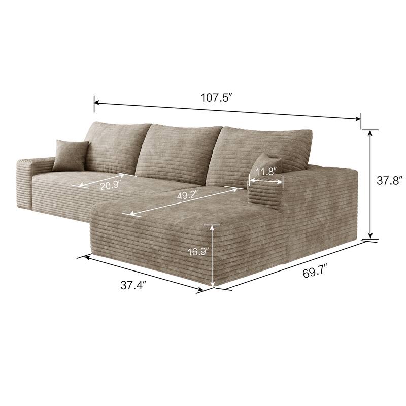 107-Inch Modular Corduroy Sectional Sofa with Chaise and Deep Seating for Living Room Bedroom