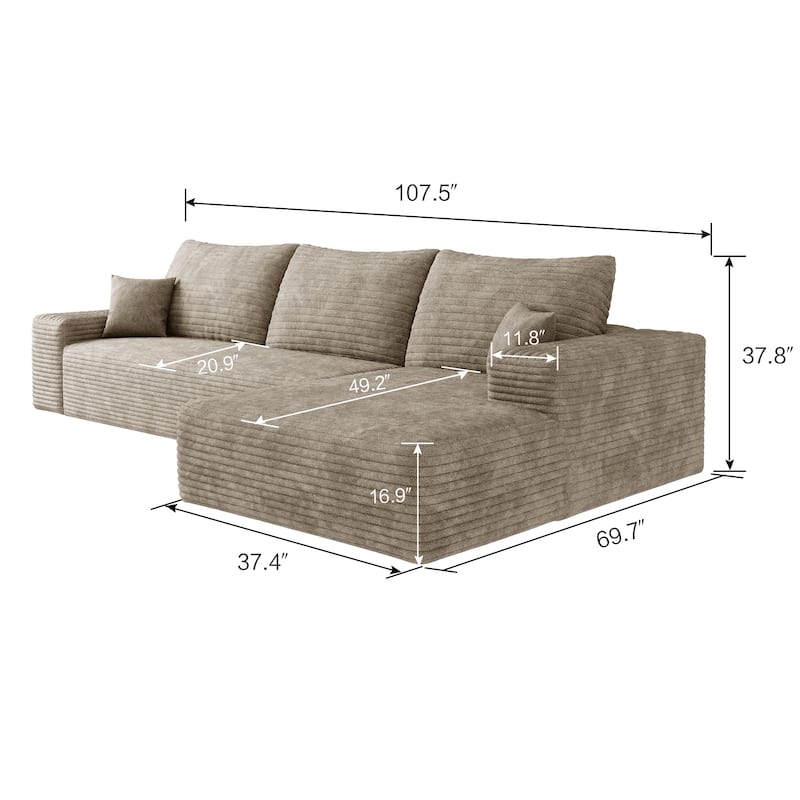 Corduroy Deep Seat Couch L-shaped Sectional Sofa with Chaise Lounge