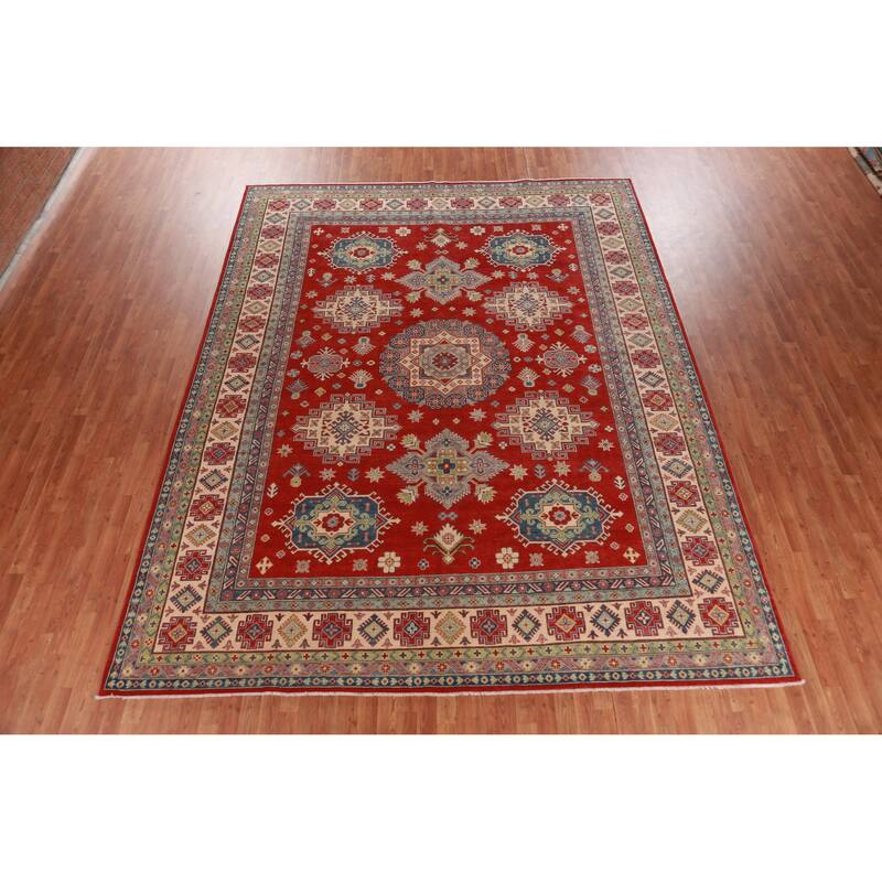 Hand Knotted Oriental 100% Wool Carpet Traditional Geometric Red Kazak Area Rug - 12' 9'' X 9' 11''