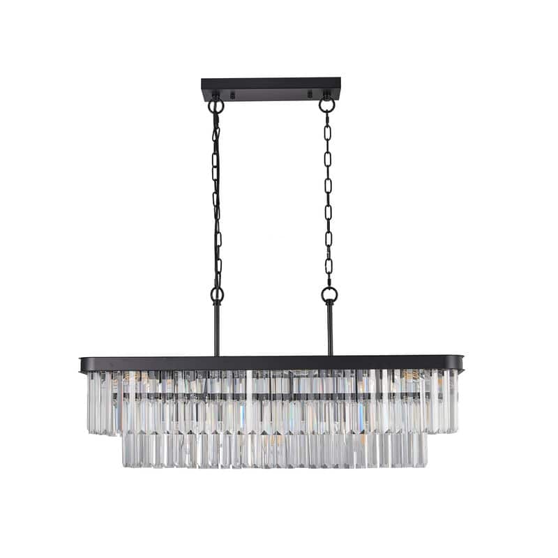 Adjustable Rectangular Crystal Chandelier - E12 Modern Industrial Farmhouse Ceiling Light with Iron Frame (Bulbs Not Included)