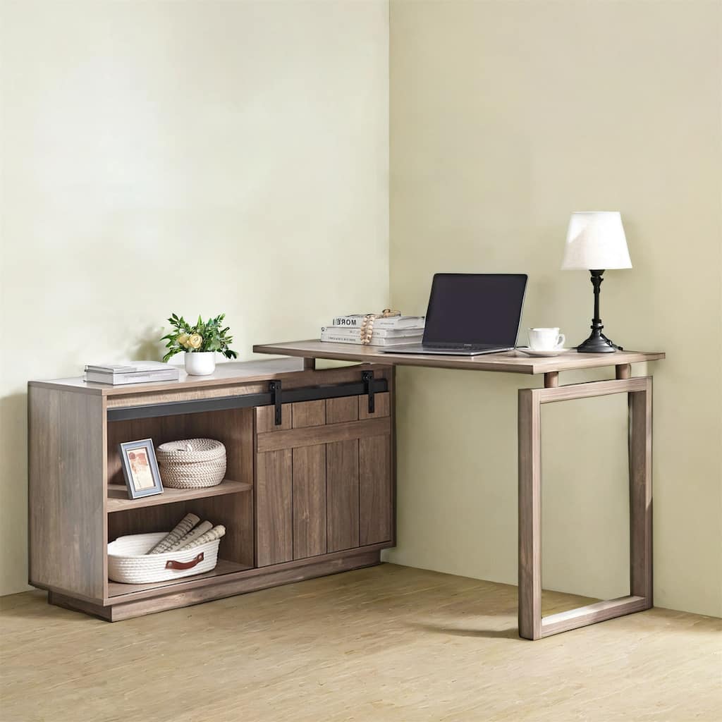 L-Shaped Home Office Desk with Storage Credenza