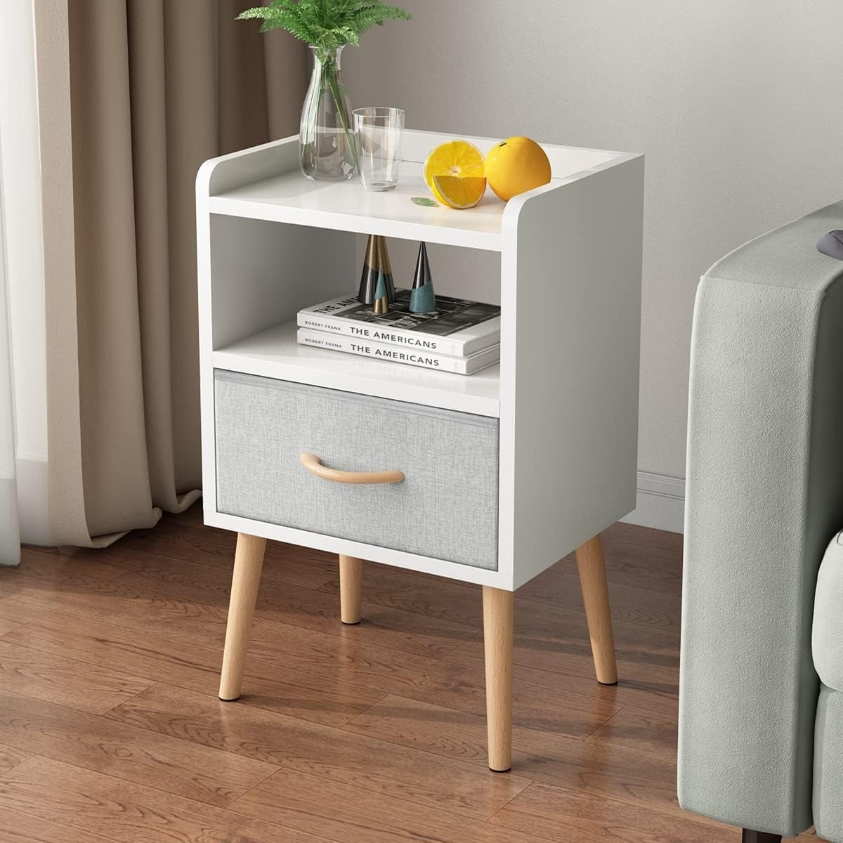 Mid Century Modern Nightstand with Drawer and Open Shelf, Sturdy Wood Bedside Table for Bedroom, Kids Room & Small Spaces