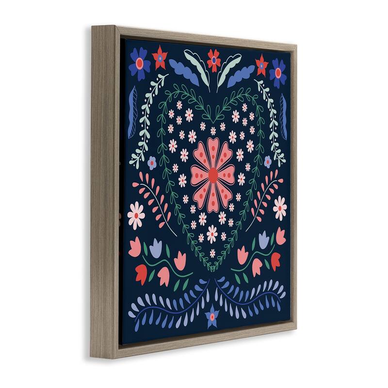 Stupell Folk Flowers in Heart Pattern Framed Floater Canvas Wall Art Design By Sazerelli Designs