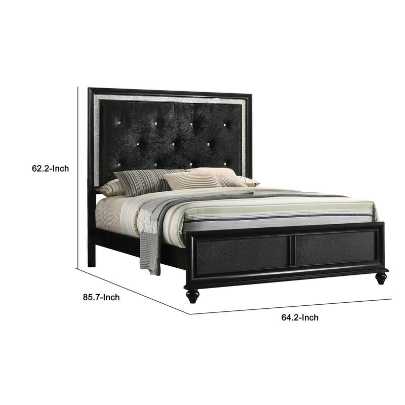 Lexi Queen Size Bed w Crystal Tufted Upholstery, Silver Glitter Trim, Black