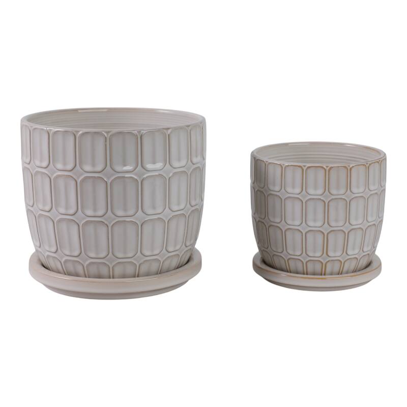 Stoneware Saucer Planters with Embossed Geometric Texture (Set of 2)