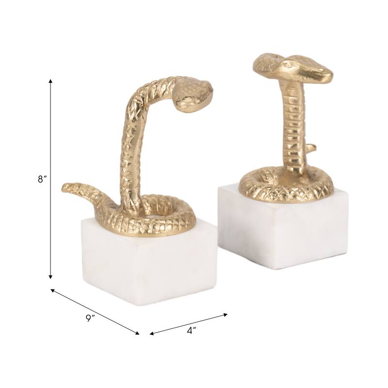 Decorative Faux Snake on Marble Base Bookends - Set of 2", 9", Gold - 9.0"