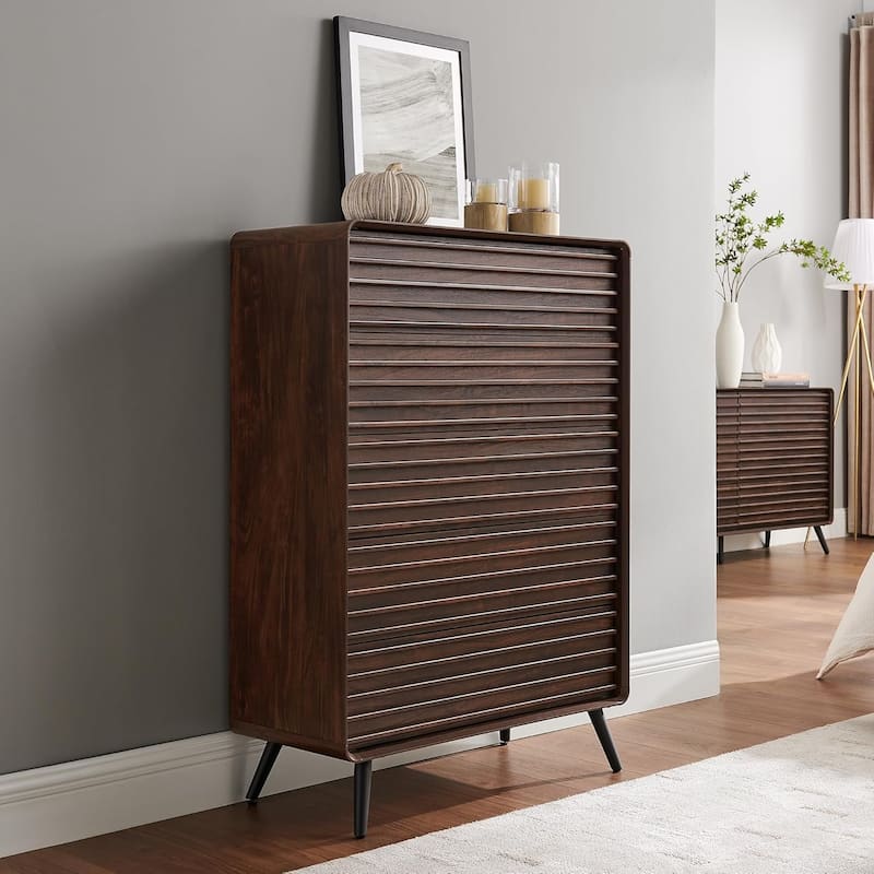Mid Century Modern 5 Drawers Dresser, Wood Fluted Chest of Drawers - Walnut