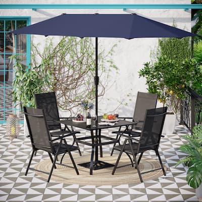 PHI VILLA 6-piece Patio Dining Set, 1 Square Metal table, 4 Adjustable Folding Chairs and 13ft Umbrella