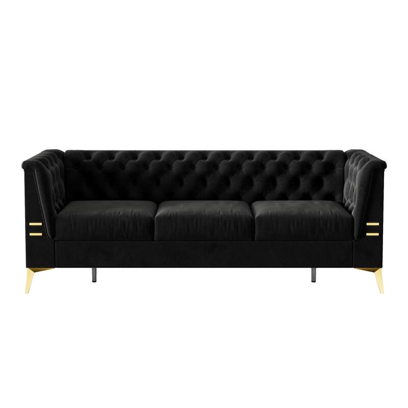 82'' Modern Velvet 3-Seater Couch with Tufted Design and Gold Metal Legs