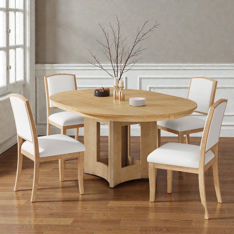 5-Piece Farmhouse Extendable Round Dining Table Set with 16" Leaf and 4 Upholstered Chairs for Small Spaces - Natural