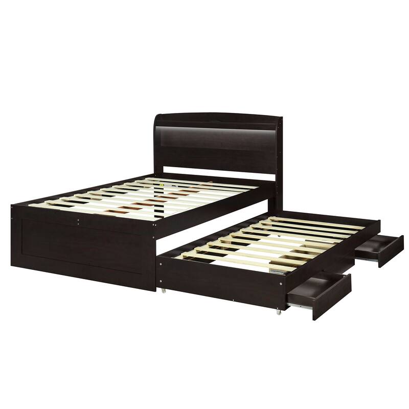 Full XL Size Platform Bed with Storage LED Headboard, Charging Station, Twin Size Trundle, and 2 Drawers
