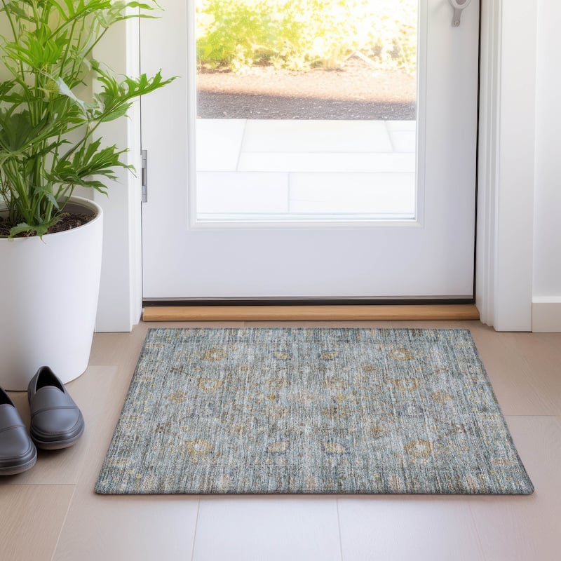 Machine Washable Indoor/ Outdoor Vintage Traditional Chantille Rug - Teal - 1'8" x 2'6"