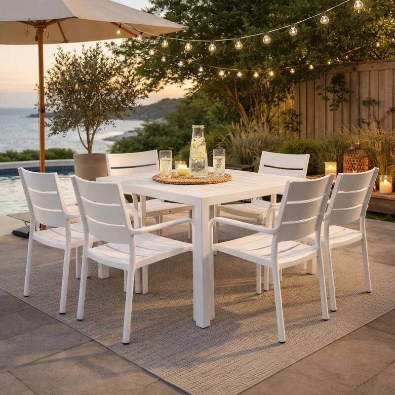 Meta 22 Inch 6 Piece Dining Chair Set, White Aluminum Frame, Stackable