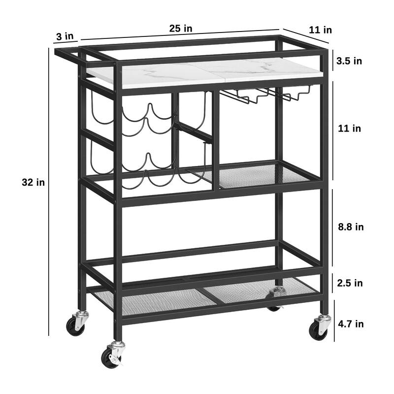 3-Tier Home Bar Serving Cart with Handle, Wine Rack, and Glass Holders