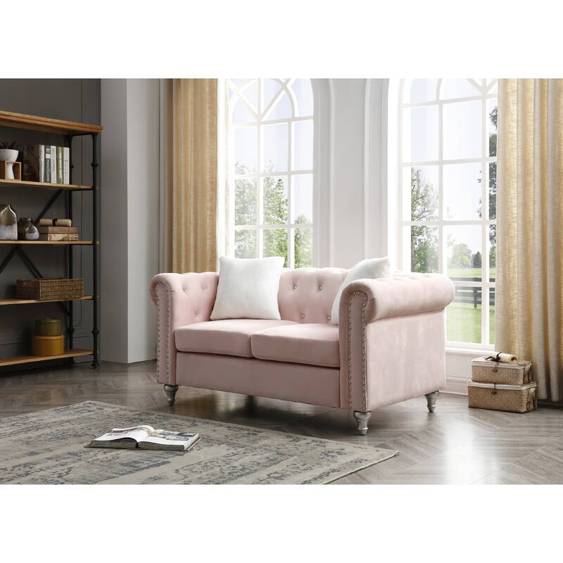 Tufted Faux Jewel Velvet 2-Seater Sofa with Throw Pillows - 60" - Pink