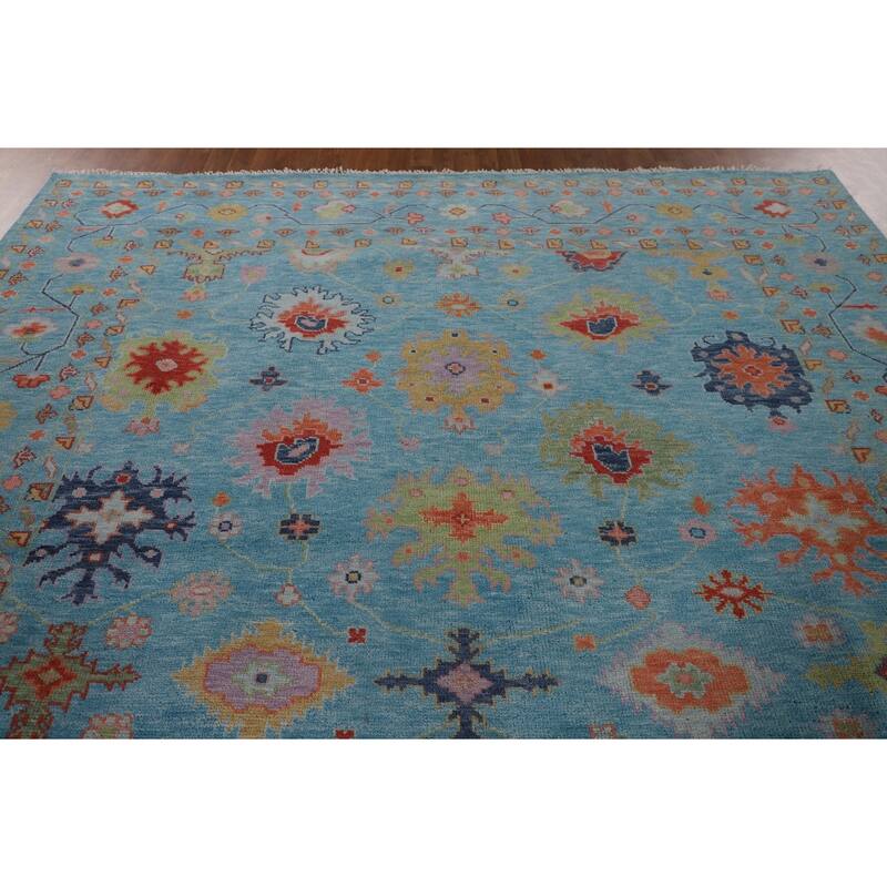 All-Over Blue Oushak Oriental Area Rug Hand-Knotted Wool Carpet - 9'0" x 11'11"