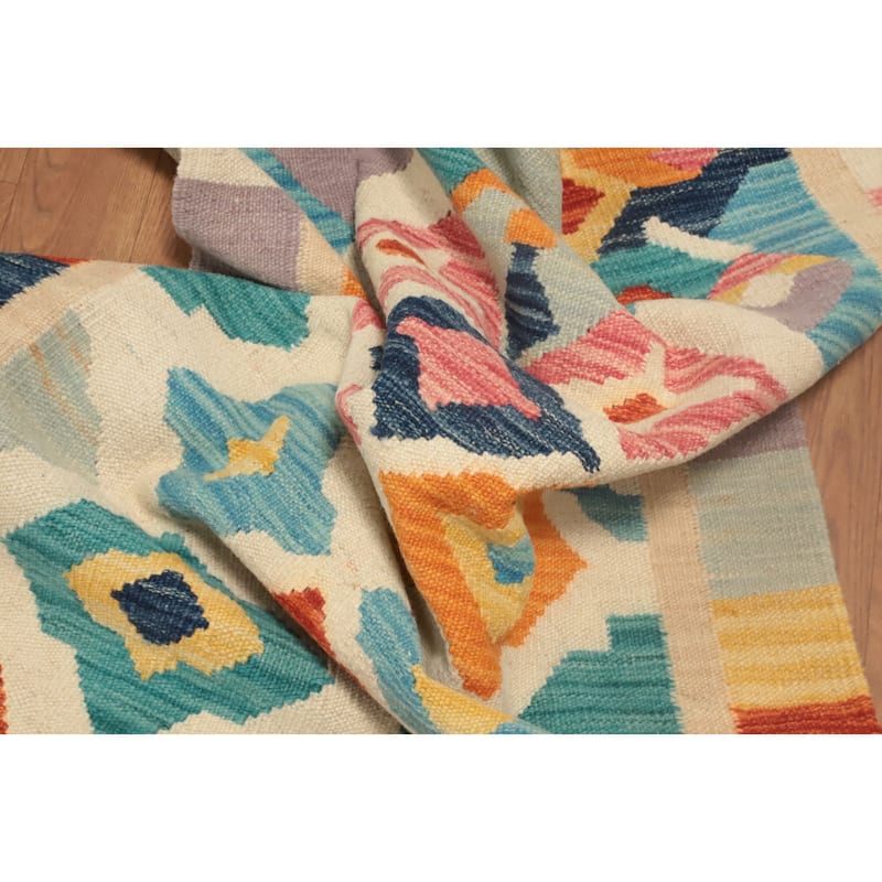 Hand Woven Oriental 100% Wool Carpet Southwestern Geometric Beige & Ivories Kilim Runner Rug - 9' 6'' X 2' 6''