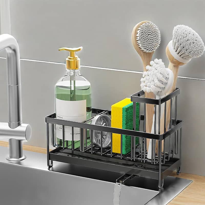 Black 304 Steel Sink Caddy w/Tall Brush & Sponge - Rustproof - Black
