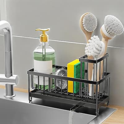 Black 304 Steel Sink Caddy w/Tall Brush & Sponge - Rustproof