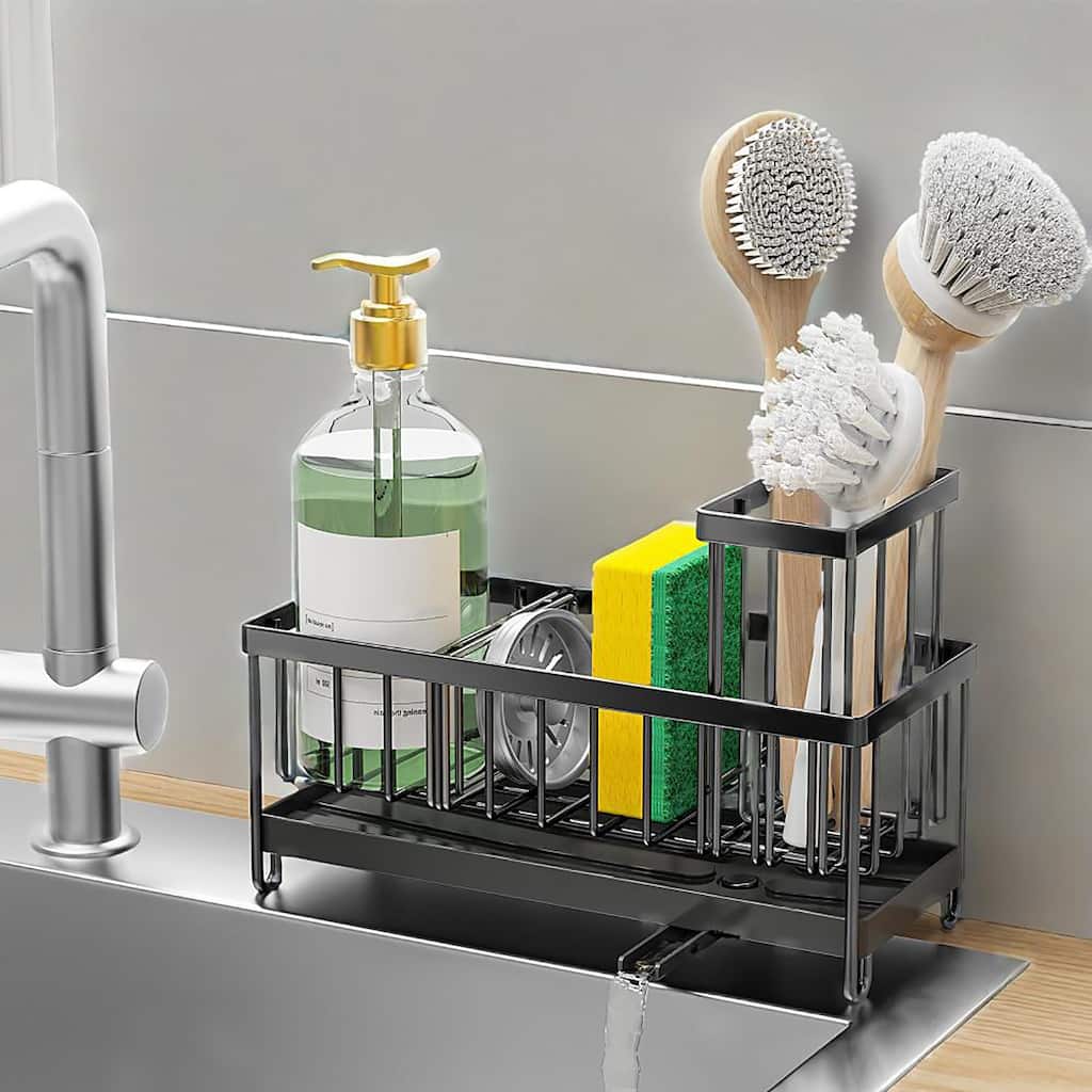 Black 304 Steel Sink Caddy w/Tall Brush & Sponge - Rustproof