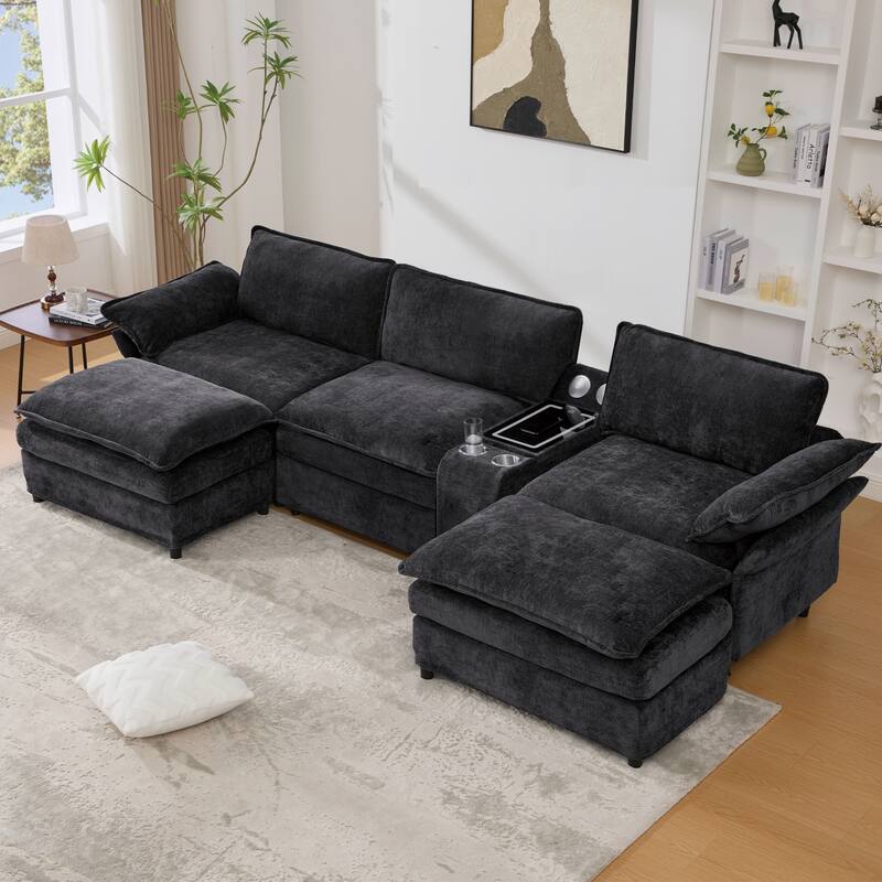 U Shaped Modular Sectional Sofa, Lounge Sofa with Storage Console & Wireless Charging, Sleeper Sofa with Movable Seat