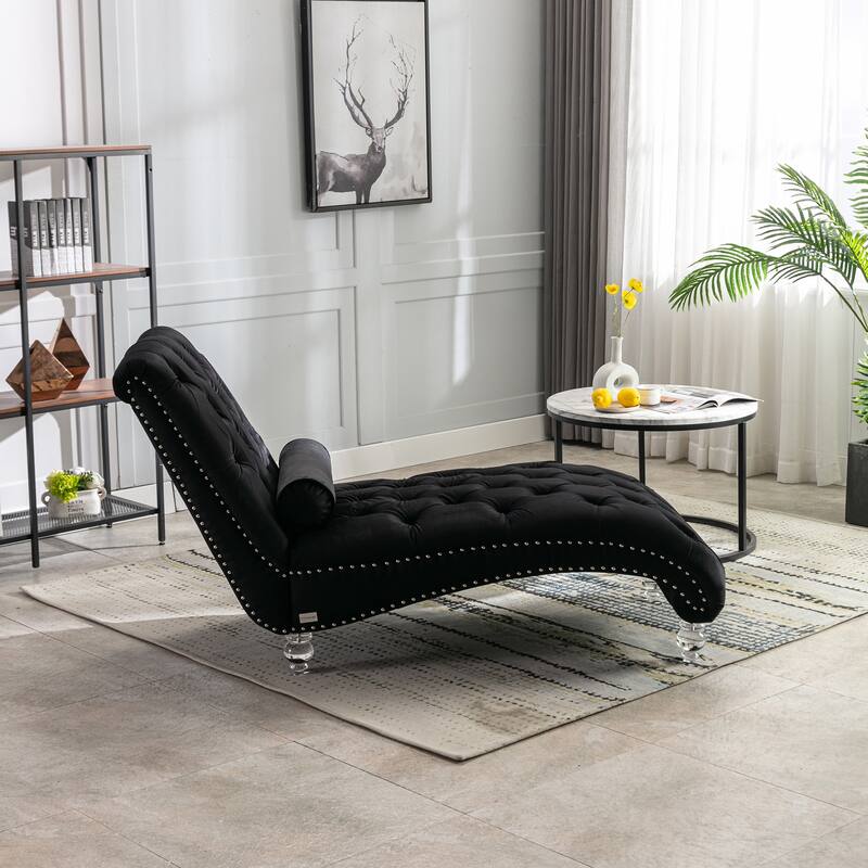 Black 63.98" Buttons Tufted Chaise Lounge Chair with Pillow