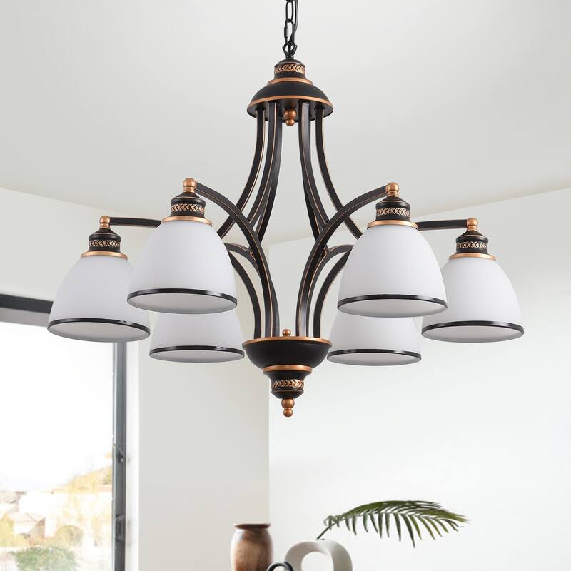 YANSUN 6-Light Oil Rubbed Bronze Farmhouse Industrial Vintage Chandelier with Frosted White Glass Shades - 30.71 in.