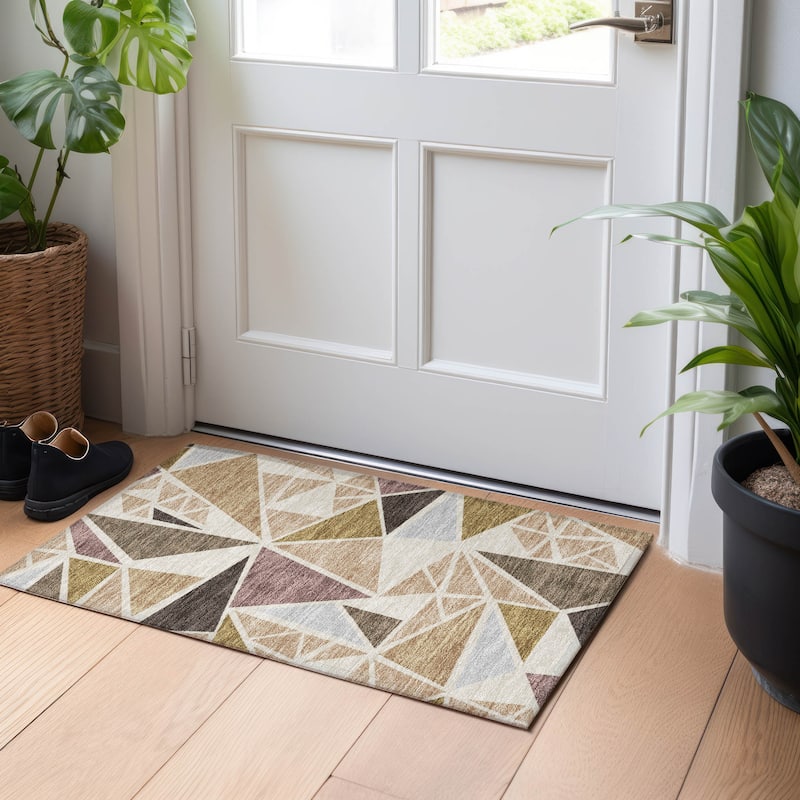 Machine Washable Indoor/ Outdoor Abstract Mosaic Chantille Rug - Beige - 1'8" x 2'6"