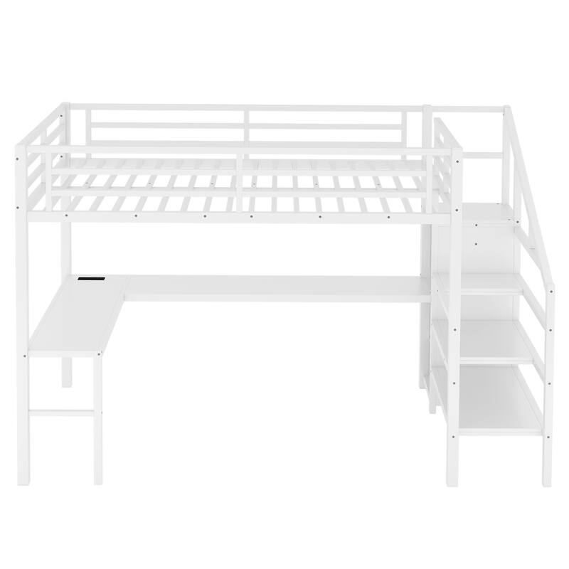Roomfitters Full/Twin Size Metal Loft Bed with L-Shaped Desk, USB Ports, LED Lighting & Adjustable Shelves, White