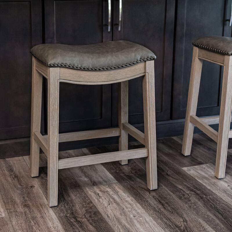 Maven Lane 26" Adrien Saddle Kitchen Counter Height Stool - Reclaimed Oak Vegan Leather