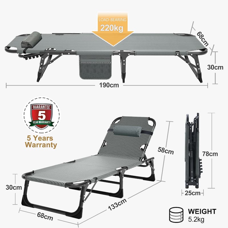 DoCred Folding Chaise Lounge Chair, Camping Cot with Removable pad - 75"