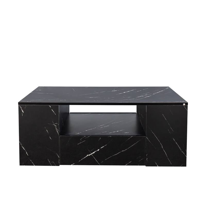 Roomfitters LED Coffee Table with 2 Drawers and Open Shelf, Modern Storage Center Table for Living Room, Black