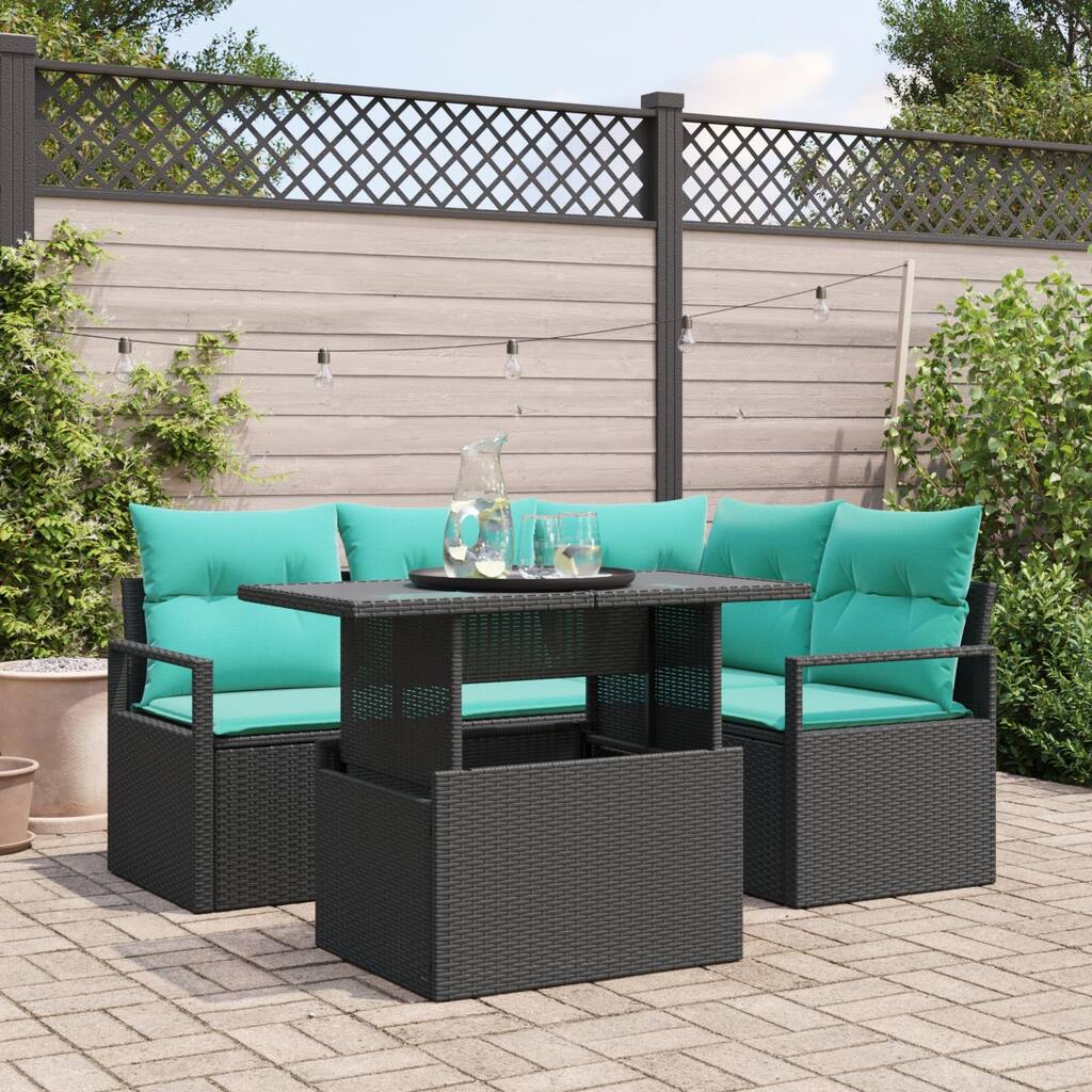 vidaXL 5 Piece Garden Sofa Set with Cushions Black Poly Rattan - 69.7×48×27.2