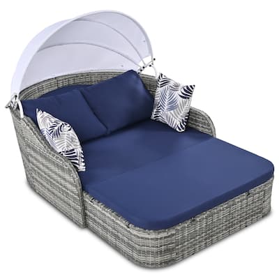 Outdoor Patio Rattan Wicker Sunbed with Adjustable Canopy and Cushions