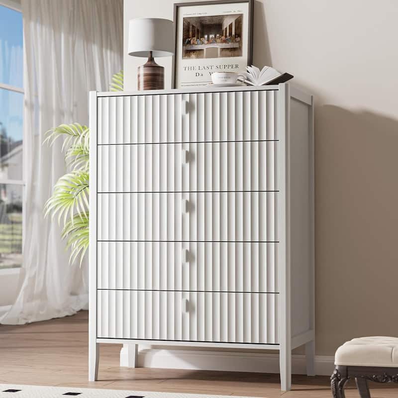 Modern Dresser, Fluted Wood Chest with Deep Drawers for Bedroom, Living Room - White - 5-drawer