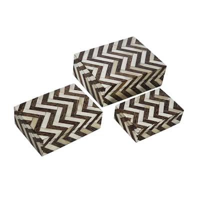 Zig Zag Bone Inlay Boxes - 8.5" - Brown and White - Set of 3