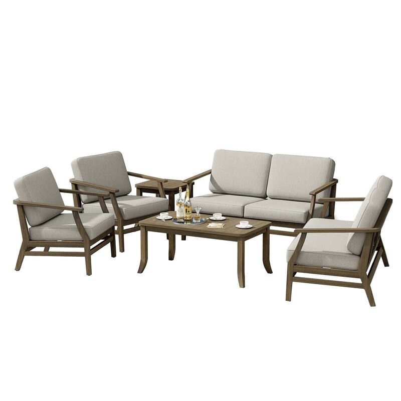 Teak Outdoor Patio Conversation Set with Cushions and Tables (6-Piece)