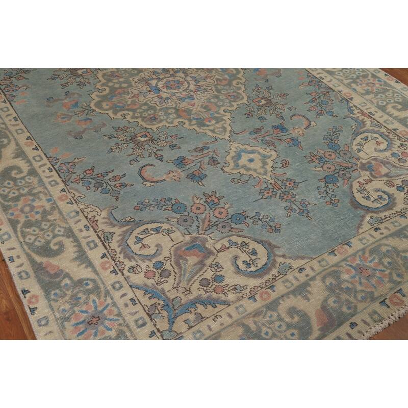 Light Blue Traditional Tabriz Persian Area Rug Handmade Wool Carpet - 6'5"x 9'5"