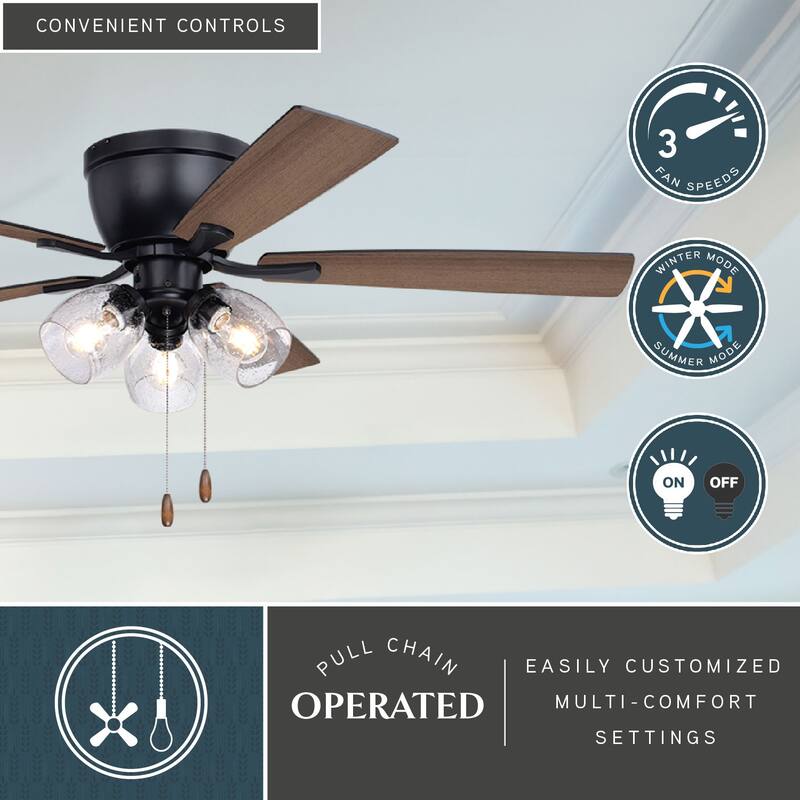 Brayton Transitional 3-Light Flush Mount Ceiling Fan with Light Kit, Pull Chain, Reversible Blades
