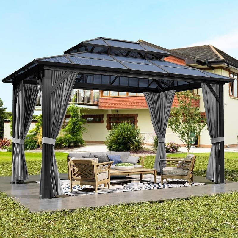 Hardtop Outdoor Double Roof Gazebo, Aluminum Frame Permanent Pavilion with Curtains and Nettin
