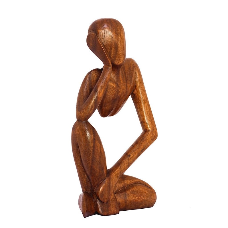 12" Wooden Handmade Abstract Sculpture Statue Handcrafted "Thinking Man" Gift Art Home Decor Figurine Decoration Hand Carved