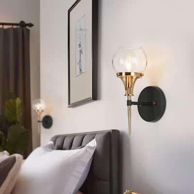 Beta Modern 1-Light Glass Armed Wall Sconces Gold Black Bathroom Vanity Light - 5.1'' L x 7.1'' W x 12.6'' H