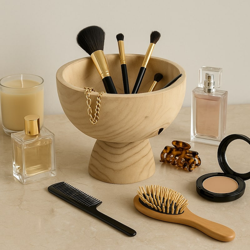 Decorative Round Wooded Pedestal Bowl - Home Decor - 8", Natural Brown