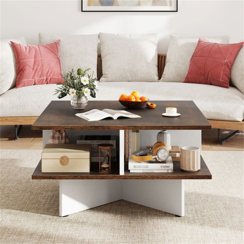 2-Tier 24” Square Wooden Living Room Coffee Table with 4 Storage Compartments and Cross Base - 24" x 24" x 13"