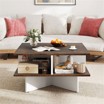 2-Tier 24” Square Wooden Living Room Coffee Table with 4 Storage Compartments and Cross Base - 24" x 24" x 13"