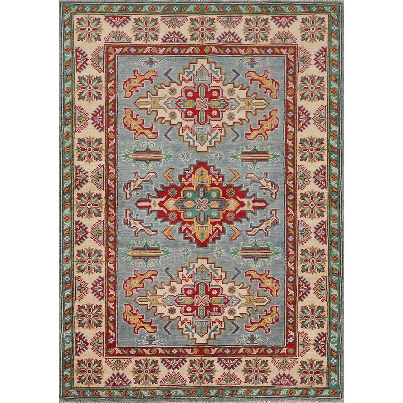 Light Blue Oriental Kazak Area Rug Hand-Knotted Wool Carpet - 4'0" x 6'0"