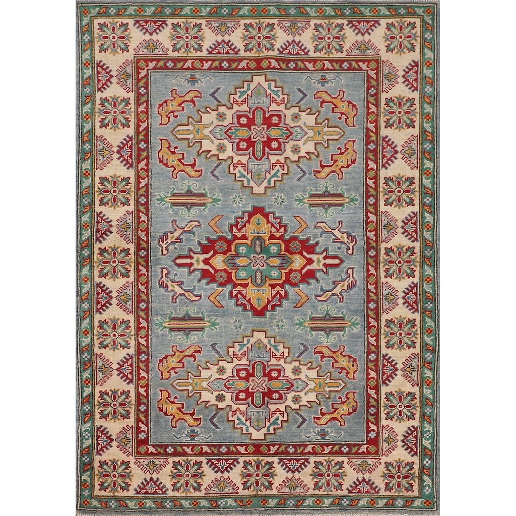 Light Blue Oriental Kazak Area Rug Hand-Knotted Wool Carpet - 4'0" x 6'0"